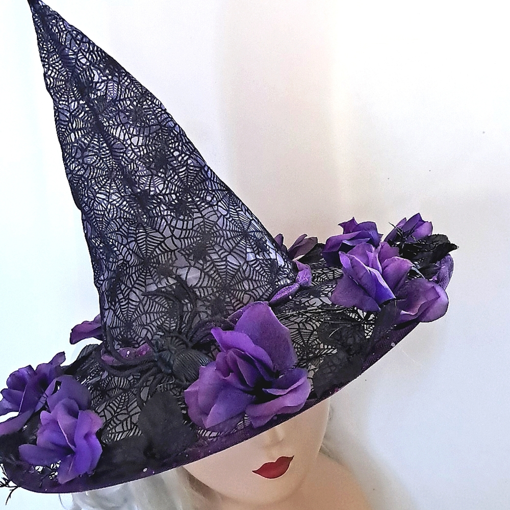 Glam Witch Halloween Hat Purple Roses Black Spiders Bats Branches Sexy